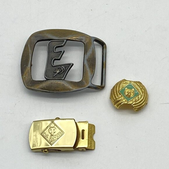 Vtg Cub Boy Scout BSA Bear Lot Neckerchief‎ Slide Brass & Explorer E Belt Buckle - Picture 1 of 14